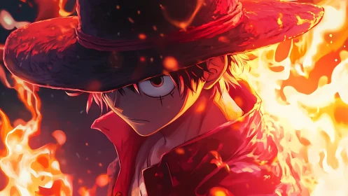 Determined anime pirate stands in swirling orange fire glow