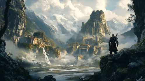 Warrior overlooks misty fortress valley beneath icy peaks.