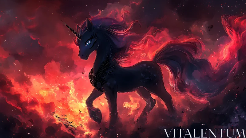Midnight unicorn strides through embers of a collapsing sky