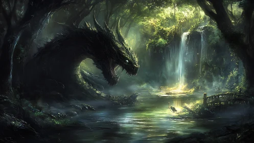Mythic forest dragon confronts heron by luminous waterfall pool