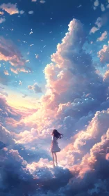 Girl standing on cloud path under towering sunset sky.