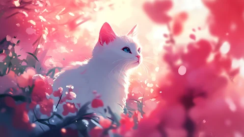 Luminous Cat Dreams Among Blossom Hues and Soft Pink Light