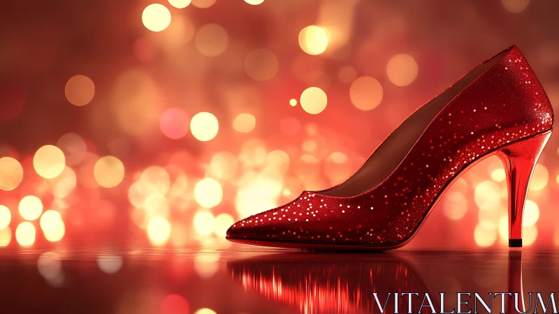 Red high-heeled shoe with glitter on reflective surface.
