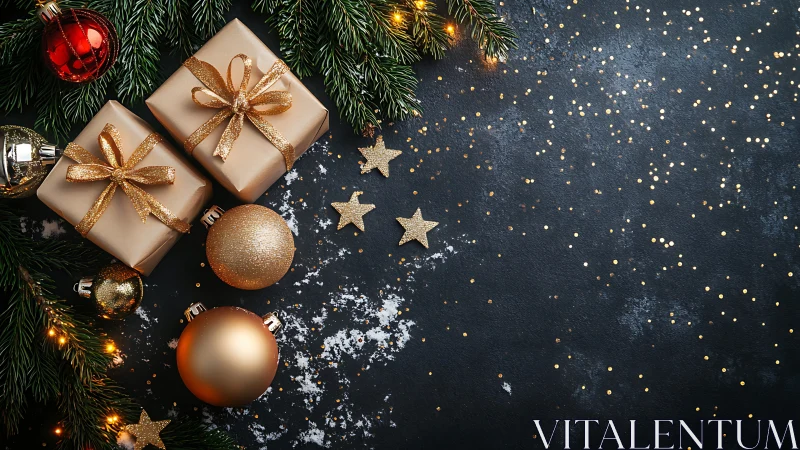 Gold Christmas gifts and baubles on dark festive background.