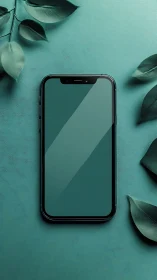 Dark smartphone centered on mint textured background.
