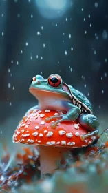 Macro-rendered tree frog on amanita in shallow depth rainfield.