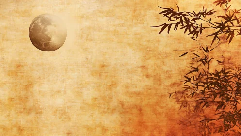 Moonlit bamboo silhouettes drift across textured dusk sky.