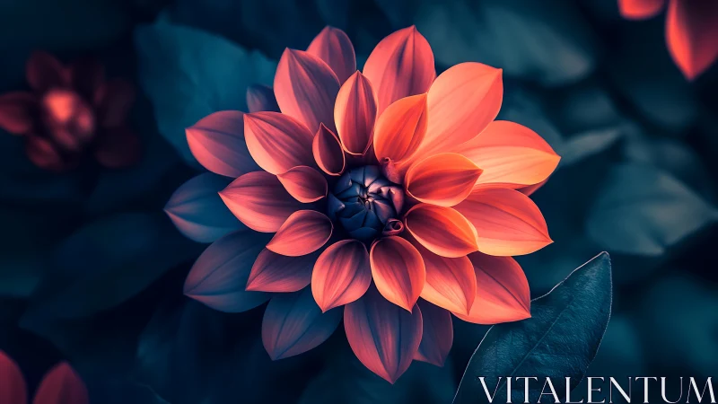 Illuminated Dahlia: Coral Petals Against Deep Teal Bokeh.