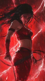 Female figure stands in dynamic red-lit digital environment