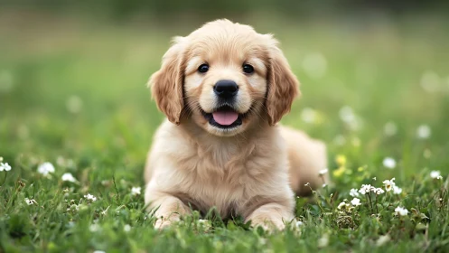 Golden retriever puppy lying on grass with small flowers.