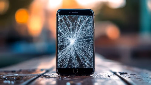 Shattered phone screen catching evening light with quiet charm.