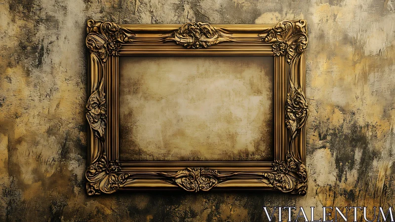 Empty ornate gold picture frame centered on textured wall