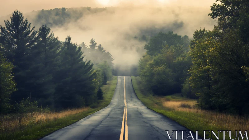 Misty Forest Highway Vanishing into Atmospheric Haze.