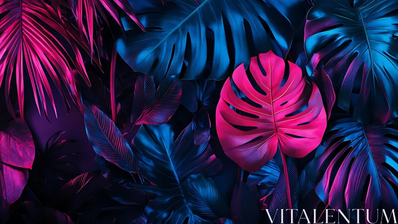 Neon monstera leaf amid electric blue tropical foliage.