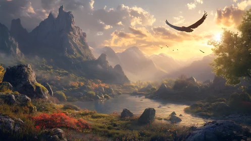 Mountain lake valley shows soaring bird at warm sunset