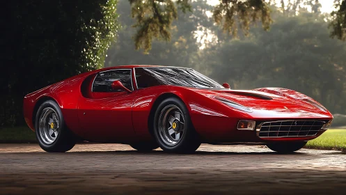 Low-slung red classic mid-engine sports coupe on brick drive