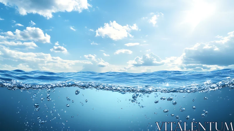 Sunlit waves and drifting bubbles under a bright blue sky.