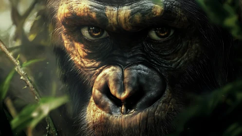 Brooding jungle ape gaze framed by whispering green leaves.