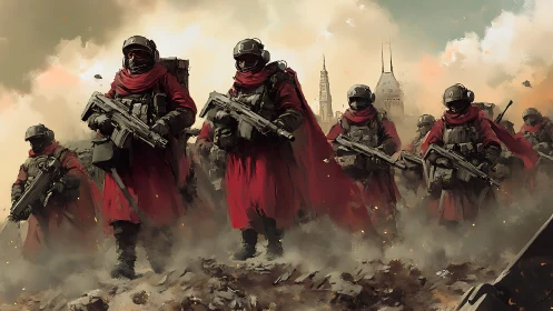 Scarlet cloaked soldiers stride through a storm of ash.