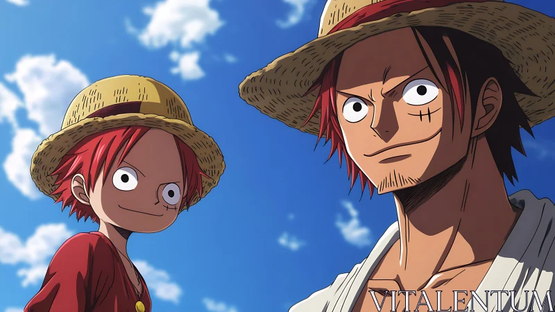 Two straw hats tilt toward a sunlit sky of bold dreams
