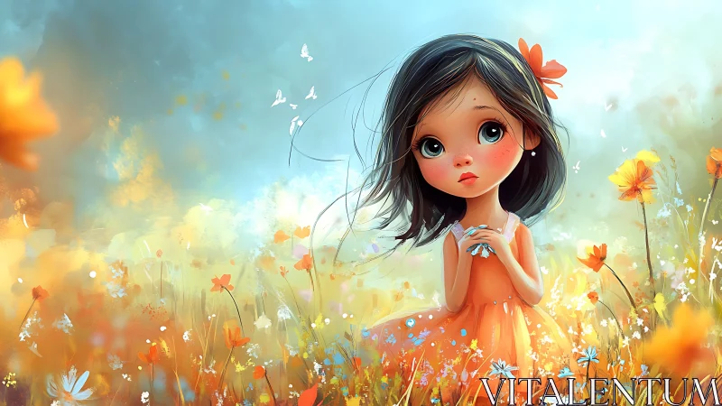 Daydreaming girl in orange dress amid whispering wildflowers.