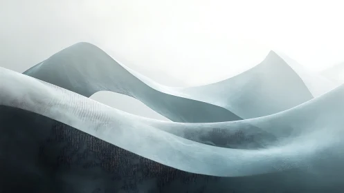 Curved abstract structures form layered, fog-covered surfaces