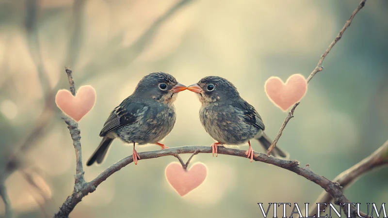 Two Birds Touching Beaks Surrounded by Pink Hearts.