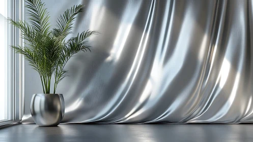 Metallic curtain frames potted palm beside sunlit window