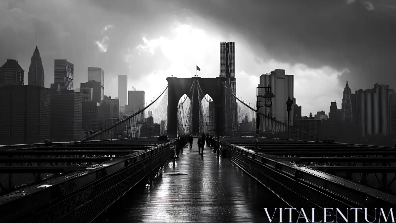 Stormlit bridgewalk into a brooding monochrome skyline.