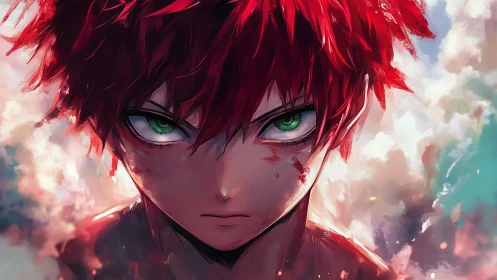 Intense red haired anime warrior with focused stare.