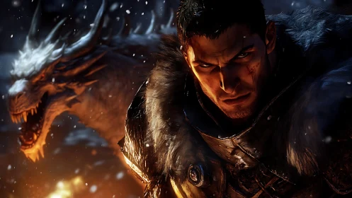 Armored warrior and dragon in snowy, firelit night scene.