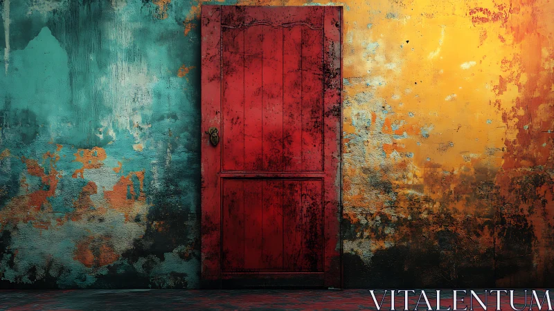 Weathered red door contrasts textured teal and yellow wall