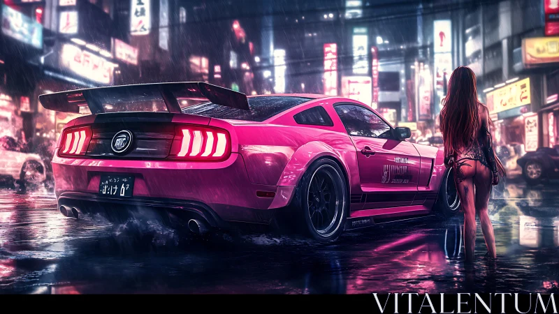 Neon pink muscle car under rain in cyberpunk city street.