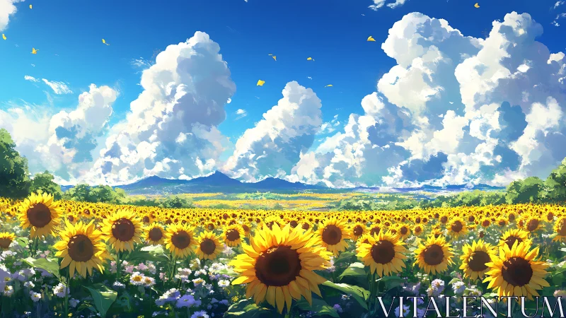 Sunlit sunflower panorama under towering cumulus clouds
