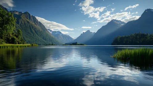 Mountain lake landscape with calm water and clear sky.