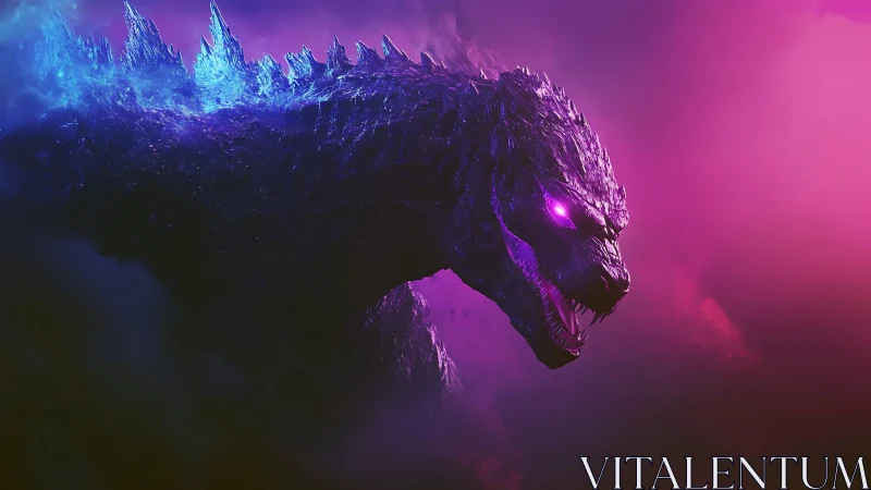 Neon thunder lizard stalks through ultraviolet storm haze