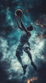 Basketball player jumping with ball against cosmic backdrop.