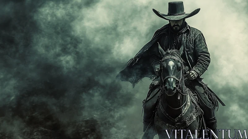 Lone cowboy rides through dense swirling green smoke.