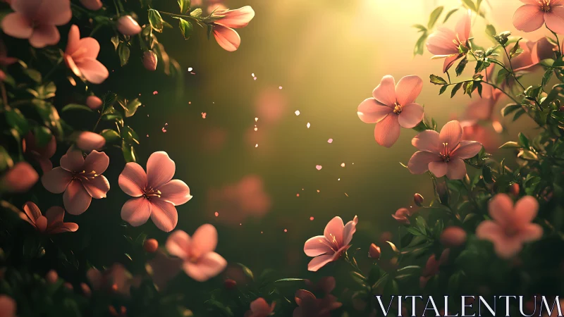 Pink flowers illuminated by warm golden sunlight with bokeh