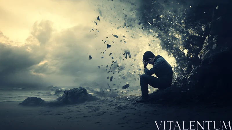 Shattered storm engulfs lonely man on desolate shore at dusk