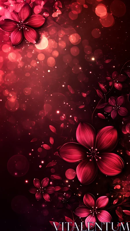 Luminous Petals Dance: Crimson Blooms in Glowing Void.
