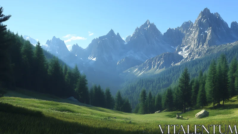 Sunlit alpine meadow opens toward dramatic jagged peaks.