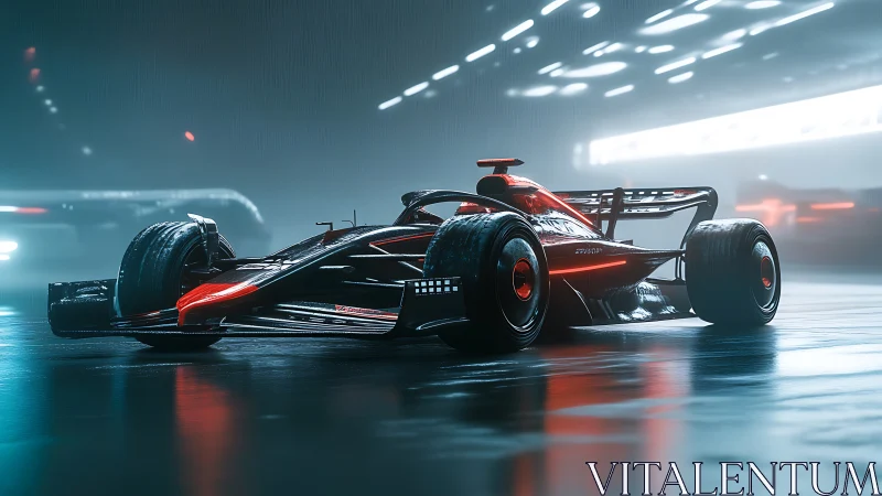 Futuristic single-seater race car on wet illuminated track.