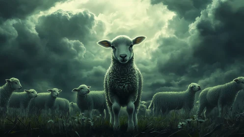 Lone lamb standing before dark, stormy clouded sky.