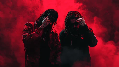 Two men in dark streetwear against intense red smoke.