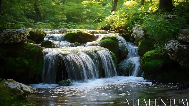 Layered forest cascade with mossy limestone and long‑exposed flow