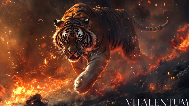 Tiger charges through blazing inferno with molten embers