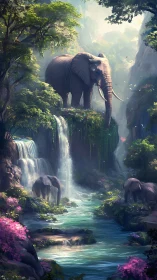 Majestic elephant overlooks lush waterfall jungle sanctuary