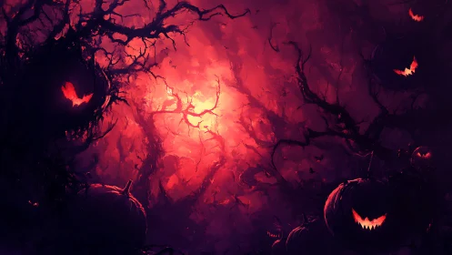 Jack-o-lantern silhouettes in red-lit twisted forest scene.