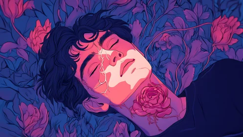 Male figure with cracked face lying among stylized flowers.